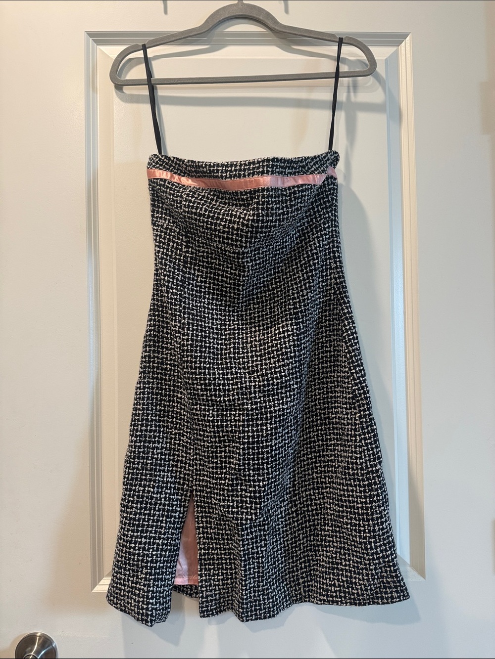 Arden B Black and White Blair Waldorf Tweed Strapless Dress with Pink Trim